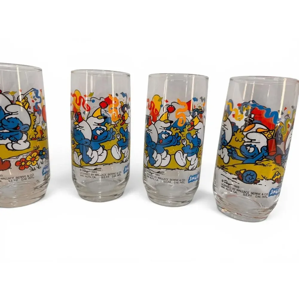 Vintage 1983 Smurf Drinking Glass Lot of 7 Peyo Wallace Berrie Baker Papa Clumsy